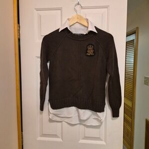 Lauren Ralph Lauren Brown 2-in-1 Layered Sweater XS Gold Bullion Crest Patch